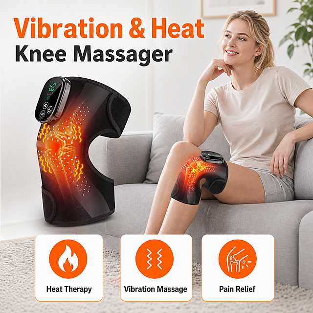 [主图-2] 核心价值卖点图，主题为Vibration & Heat Knee Massager，突出震动+热敷双核心功能。
[统一基调] 亚马逊跨境1:1方图，浅灰白色渐变背景，主标题橙色粗体大字，副标题深灰色，图标和参数卡为圆角橙白配色，整体科技暖色调，克制专业。
[画面] 画面左侧为护膝按摩器产品主视觉，45°视角，膝盖部位有明显的橙红色热敷光效和黄色震动波纹，产品占画面约45%。右侧是一位欧美年轻女性坐在浅灰色沙发上，双腿自然弯曲，膝盖上佩戴同款护膝按摩器，面带微笑放松状态，展示真实使用场景。画面上方左侧是大标题。画面下方有三个圆角图标卡片横向排列，分别代表热敷、震动、按摩三个核心功能，每个图标下方有英文短标签。
[光影质感] 柔和自然光，主光从左上方来，产品融入场景自然，无硬切边缘，人物光影与环境一致。
[配色] 背景浅灰白渐变，主标题亮橙色(#FF6B00)，辅助文字深灰色，图标橙色填充白色线条，产品黑色主体配橙红光效。
[文字版式] 左上角主标题："Vibration & Heat" 橙色超大粗体无衬线字，换行 "Knee Massager" 深灰色粗体。下方三个图标卡片文字分别为："Heat Therapy"、"Vibration Massage"、"Pain Relief"，均为英文无衬线字体。文字放在负空间，不遮挡产品主体和人物面部。
[输出要求] 1:1正方形，2048x2048，文字清晰可读，产品清晰，人物自然，无变形、错字、模糊、水印、平台Logo。