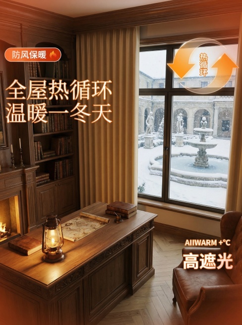 保持窗帘的面料和花纹不变，把室内家居场景换成不同风格，各种角度都来一点，窗户外面一定要是冬天，还有室内要有温暖的氛围预览效果