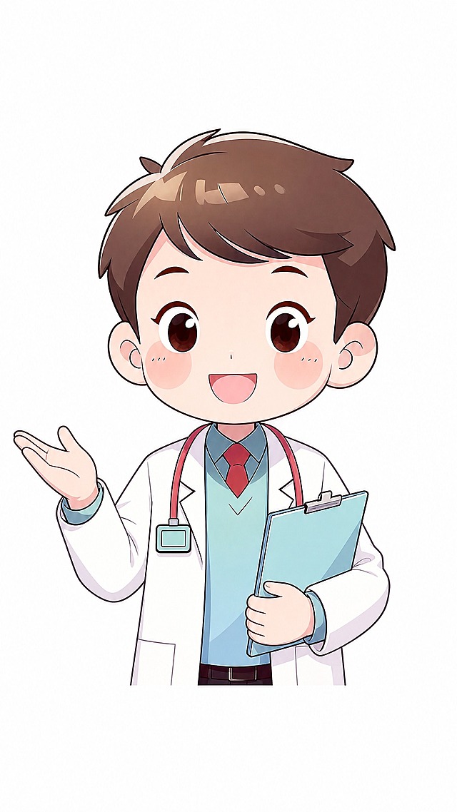 保持图中Q版卡通男医生的形象、发型、五官、白大褂、听诊器、浅蓝色内搭、红色领带、浅蓝色病历夹板等所有特征完全不变，仅修改动作：人物正面向前方，右手向上举起作介绍指引的手势，左手持有浅蓝色病历夹板，表情开朗微笑。画面干净简洁，纯白色背景，高级感插画风格，线条清晰，色彩柔和精致