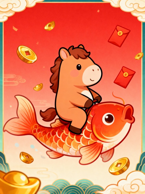 一个国潮卡通风格的设计。一匹可爱的马骑在一条锦鲤上。背景是渐变正红色的基底，上面点缀着金元宝、红包和祥云等新年元素。预览效果