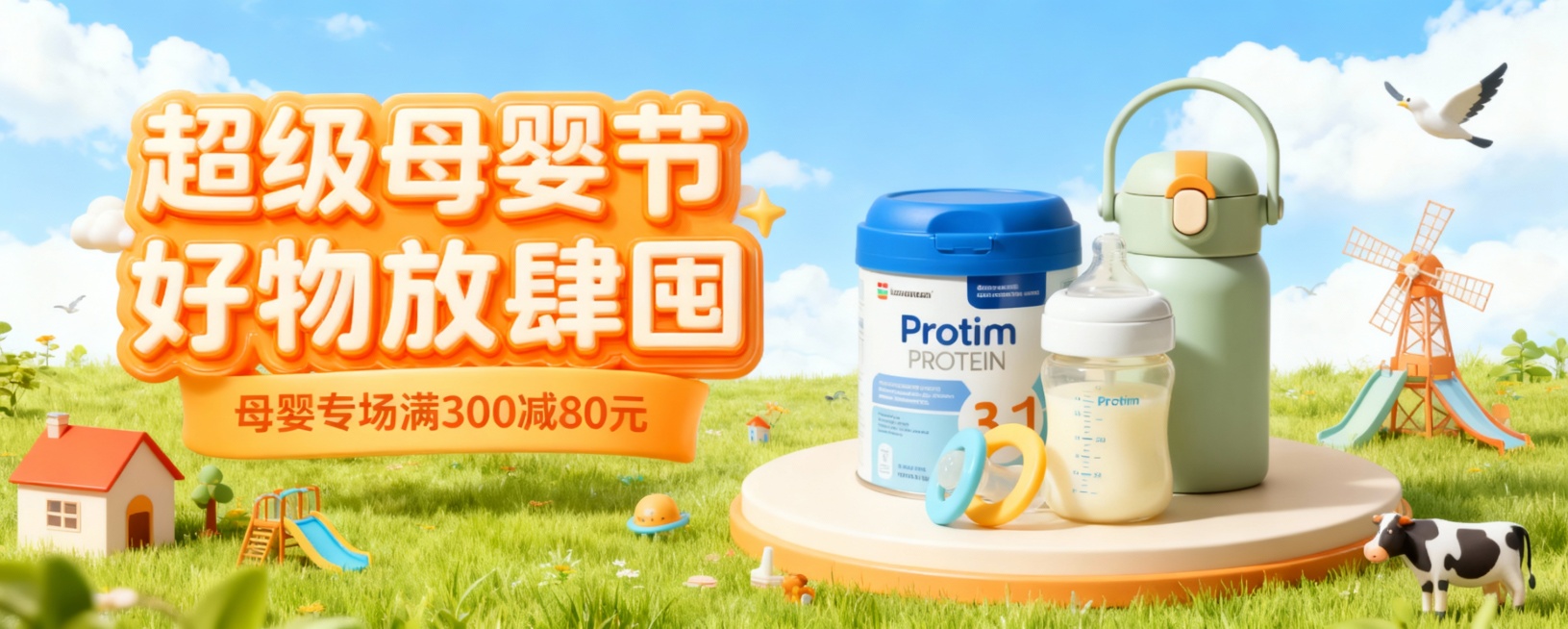 画面以蓝天白云草地为背景，左侧有橙色3D膨胀卡通大字 “超级母婴节 好物放肆囤”，下方标注 “母婴专场满300减80元” 优惠信息。右侧商品被放置在圆形展台上，周围点缀着房子、风车、滑梯、飞鸟、奶牛等预览效果