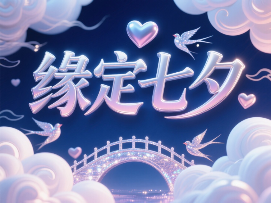 立体浮雕文字"缘定七夕"，穿插爱心云纹与鹊桥剪影，银粉渐变配色，深蓝夜空背景。预览效果