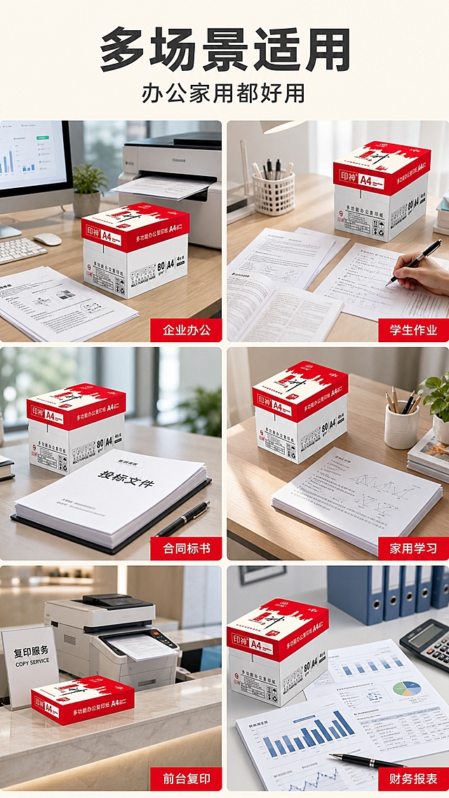 [商品] 使用【图1】印神A4多功能办公复印纸产品图；保留包装外观与品牌标识；商品处理：产品融入各使用场景中，保持包装与品牌视觉一致。
[画面] 目标：多场景拼图页，展示复印纸在不同场景的广泛适用性。构图：2行3列共6格场景拼图，每格为一个独立使用场景，场景中自然出现印神A4复印纸或其打印成品；6个场景分别为：企业办公打印、学生作业打印、合同标书制作、家用学习资料、前台复印、财务报表；每格场景风格统一为现代明亮调，产品或打印件在场景中自然摆放。
[视觉] 套系策略：风格=现代商务办公商业摄影风；标题字=粗黑无衬线简体中文；正文字=简洁无衬线简体中文；主色=品牌红+米白；背景延展=顶部标题区为浅米白底，拼图格子间有白色间隙分隔；强调色=品牌红，仅用于每格场景的小标签角标；标题色=深炭灰；正文色=中暖灰；组件=顶部通栏标题、6格等大拼图、红色角标场景名；光影=每格场景内为自然柔和光，整体拼图有统一的明亮调性。
[文字] 顶部主标题"多场景适用"，副标题"办公家用都好用"；每格右下角有红色小标签标注场景名："企业办公"、"学生作业"、"合同标书"、"家用学习"、"前台复印"、"财务报表"；文字全部横向排版，标签字号适中不抢画面。
[规格] 图片比例9:16竖版，分辨率2K，避免变形、错字、文字过小、冷蓝灰背景、包装文字错乱、极限词。