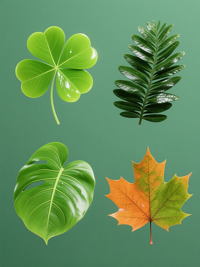 写实摄影风格，一组4个不同绿色植物叶片元素的规整排布系列素材集合，每个元素均采用高饱和度色彩、光滑表面质感、圆润边缘造型，纯色背景。包含：明亮鲜绿色四叶草（4片心形叶片，中央脉络清晰，高光点缀，茎部细长）、深绿色柏树叶（鳞片状紧密排列，层次分明，富有光泽）、翠绿色芭蕉叶（宽大舒展，叶脉清晰可见，边缘平滑）、橙绿色枫叶（掌状分裂，叶尖圆润，纹理细腻）。每个元素色彩完全不同且鲜明亮眼，整体布局整齐有序，具有统一的视觉设计感和信息传达效率。