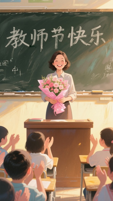 教室里，黑板上写着 “教师节快乐” ，一位笑容灿烂的女教师捧着粉色包装的一束花站在讲台上面对学生，学生鼓掌，暖黄色光影，正视，画面重心居下预览效果