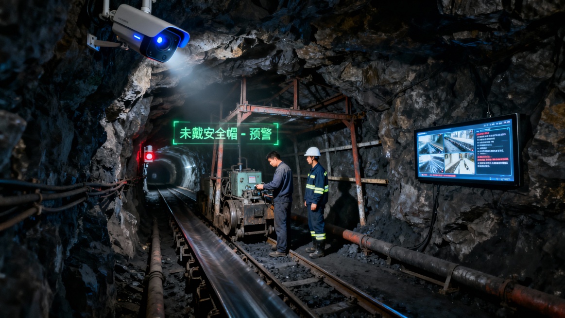 煤矿井下巷道场景，以采掘工作面为背景，呈现岩壁、支护架与运输皮带等典型元素。画面中央是一名未佩戴安全帽的矿工正在操作设备，其身旁另一名工人规范穿着反光服并戴好安全帽，形成行为对比。顶角处安装着一台带有预览效果