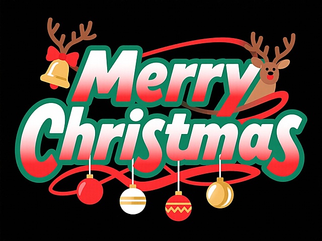 绿边、红白色渐变艺术字 “Merry Christmas”，有立体感，点缀鹿角、红色蝴蝶结铃铛装饰，下方悬挂几个红、白、金圣诞球。黑色背景