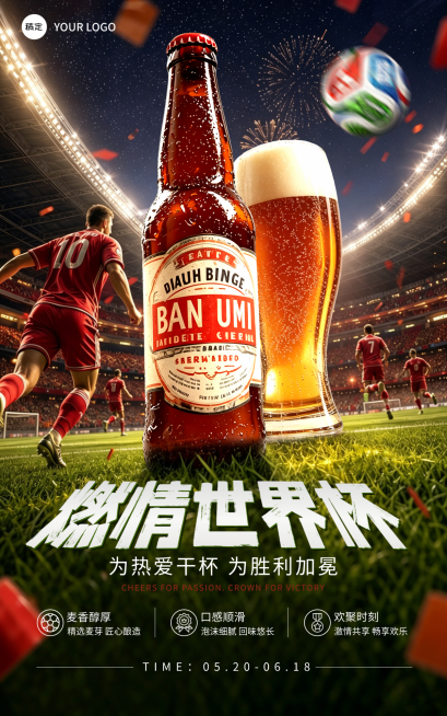 世界杯足球啤酒产品节点营销热血感竖版海报预览效果