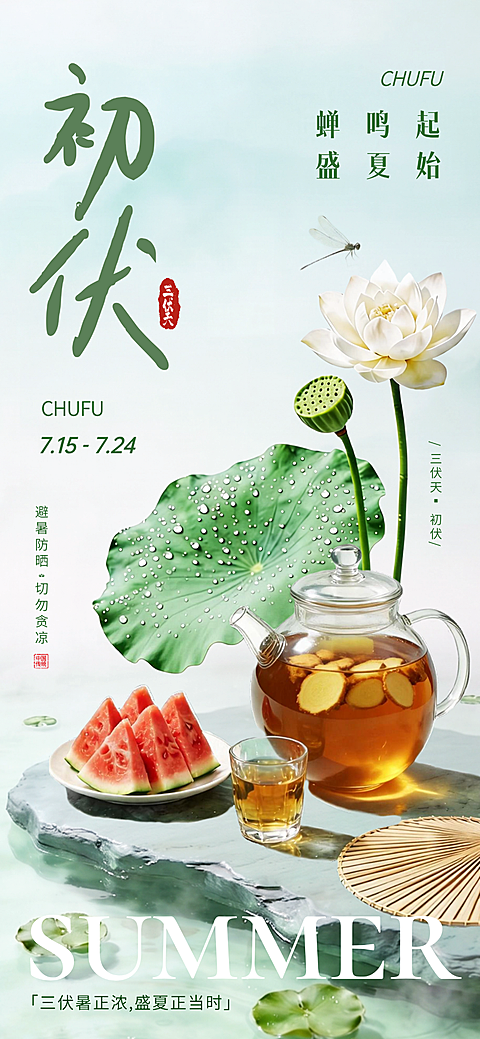 三伏天初伏夏季祝福清新感实景全屏海报