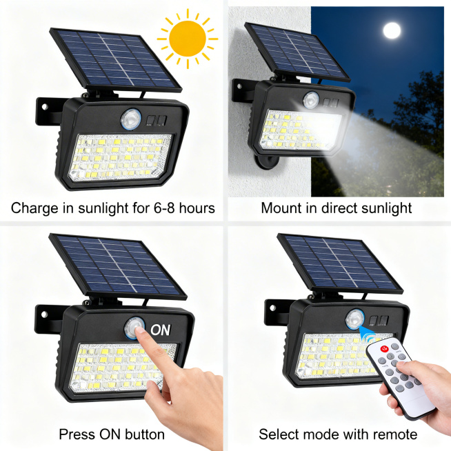 Amazon product installation guide image, 4-step illustration of installing the solar security light:预览效果