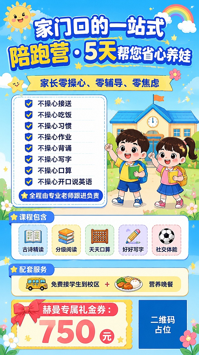 童趣卡通风招生海报，适合K12托管陪跑营，整体明亮活泼，天蓝和明黄为主色，浅蓝渐变背景，搭配星星花朵云朵等童趣装饰。版式精美，分区清晰。画面必须完整呈现以下文字信息，所有数字必须精确渲染：主标题"家门口的一站式陪跑营 · 5天帮您省心养娃"，副标题"家长零操心、零辅导、零焦虑"。然后分点列出：不操心接送、不操心吃饭、不操心习惯、不操心作业、不操心背诵、不操心写字、不操心口算、不操心开口说英语。接着写"全程由专业老师跟进负责"。课程包含：古诗精读/分级阅读/天天口算/好好写字/社交体能。配套服务：免费接学生到校区+营养晚餐。底部突出优惠信息"赫曼专属礼金券："750"元"。画面右下角使用纯色方块占位符呈现二维码，方块中央标注"二维码占位"文字，严禁生成可识别二维码。画面所有信息区域填充完整内容，不得出现空白占位。版式精美，9:16竖版。