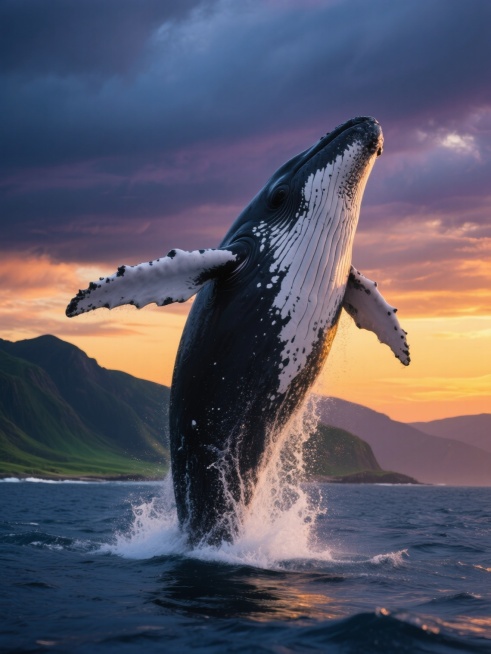 一张超写实风格的海洋主题摄影作品，画面中央是一头巨大的座头鲸正从深蓝色的海水中全力跃出，身体呈现出优美的弧线，巨大的胸鳍向两侧伸展，头部微微上扬，嘴巴闭合，皮肤上布满了白色的斑点和独特的纹理，背部的褶皱清晰可见，海水从它光滑的身体表面飞溅而下，形成白色的水花，在阳光的照射下闪烁着晶莹的光芒。背景是壮丽的日落景象，天空被染成了温暖的橙黄色和深邃的蓝紫色，云层厚重而富有层次感，远处可以看到连绵起伏……预览效果