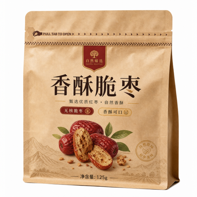 为这个牛皮纸自封袋设计香酥脆枣包装，符合进商超售卖的标准，包装设计简洁大方，突出产品名称"香酥脆枣"，标注产品特点：无核脆枣、香酥可口，保留牛皮纸袋底色，设计高端零食包装风格预览效果