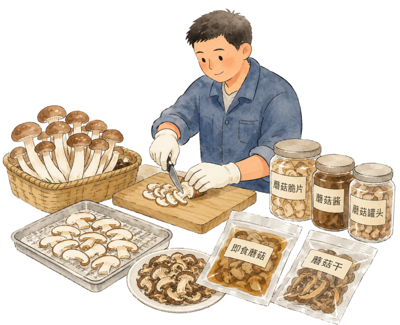 生成餐桌场景下蘑菇精深加工的画面，保持和原图一致的水彩手绘风格不变，背景为纯白色预览效果