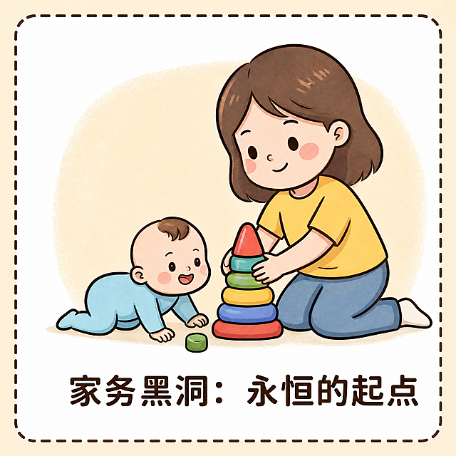 提取出第六张表情包，内容是宝妈和宝宝堆积木家务黑洞，保留完整的图案和文字家务黑洞：永恒的起点，背景保持浅黄色，正方形尺寸，清晰度不变，保留虚线边框