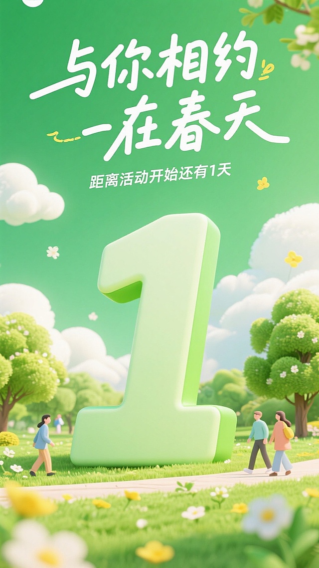 清新插画风，大字“1”突出，春日主题，简约生动