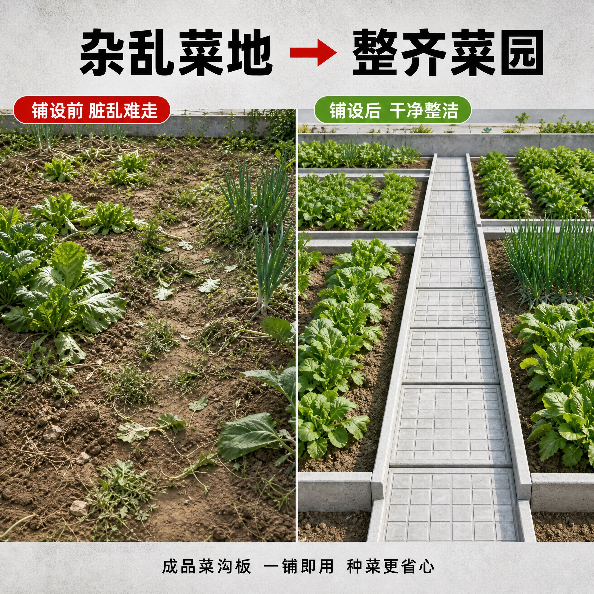[主图-2] 场景图，核心任务：菜沟板铺设前后对比，展示从杂乱… - 图片创意预览