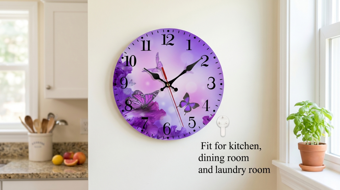 A round wall clock with purple flower and butterfly pattern, silent no ticking, keep the clock's mai预览效果