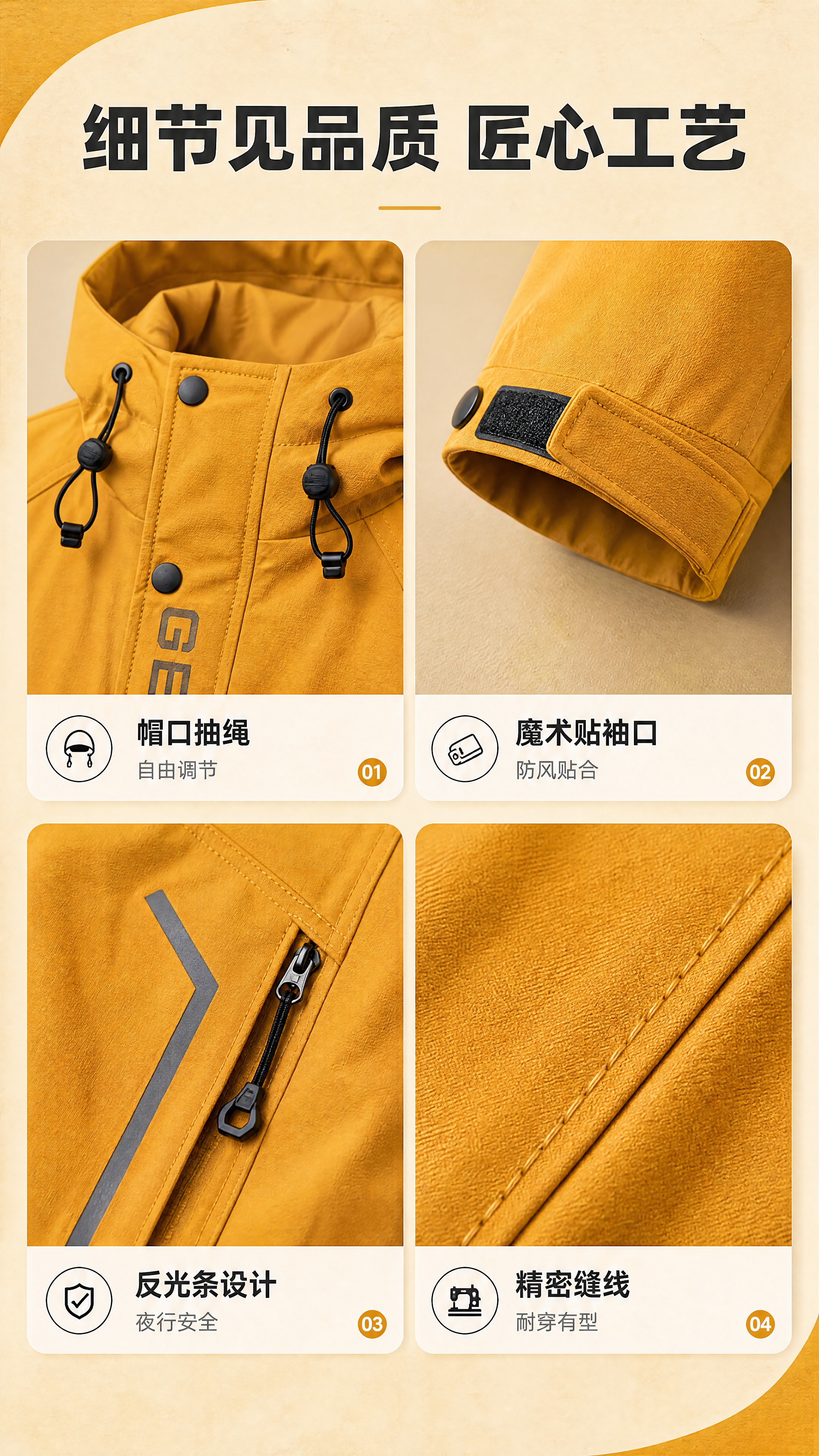 [商品] 使用【图1】姜黄色GESHAN连帽冲锋衣；商品处理：… - 图片创意预览