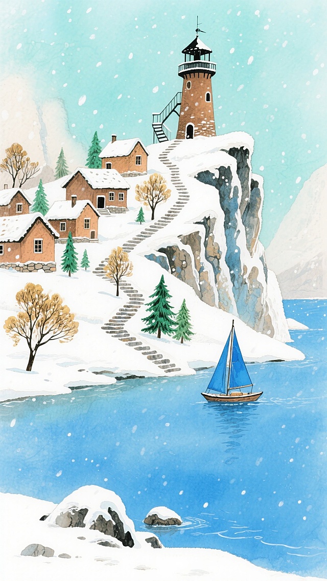 水彩风插画，雪落灯塔村，轻拟物手法勾勒静谧冬日，蓝帆小舟点缀湖面，梦幻温馨如印象画派诗境。