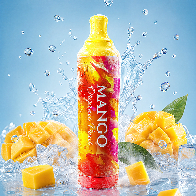 参考第一张图片的风格，给第二张图片的产品生成相同的场景，带有新鲜芒果、冰块、溅起的水花和水珠，背景浅蓝色，产品表面带冰霜效果，清新冰爽的电商产品摄影风格