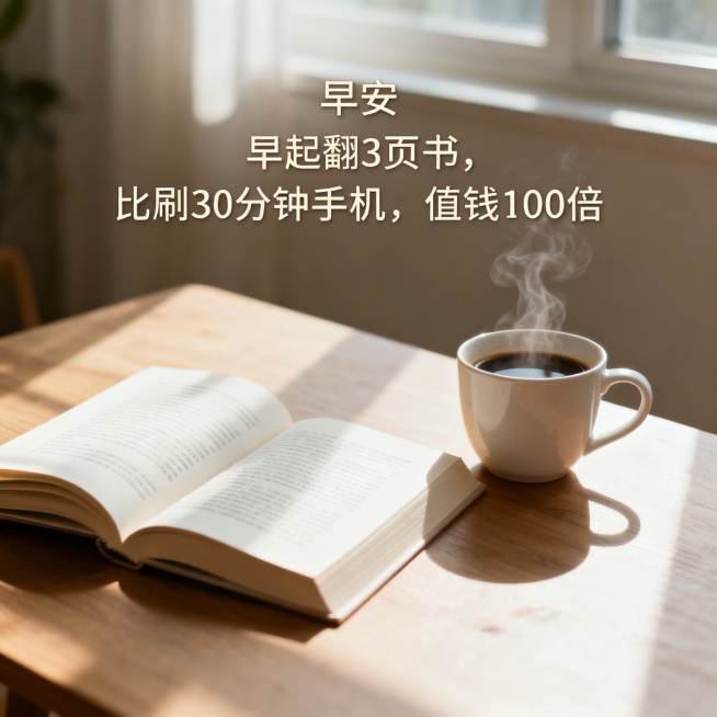 简约治愈早安朋友圈配图，带有文字“早安 早起翻3页书，比刷30分钟手机，值钱100倍”，温暖清新风格，清晨自然光，桌面书本搭配咖啡预览效果