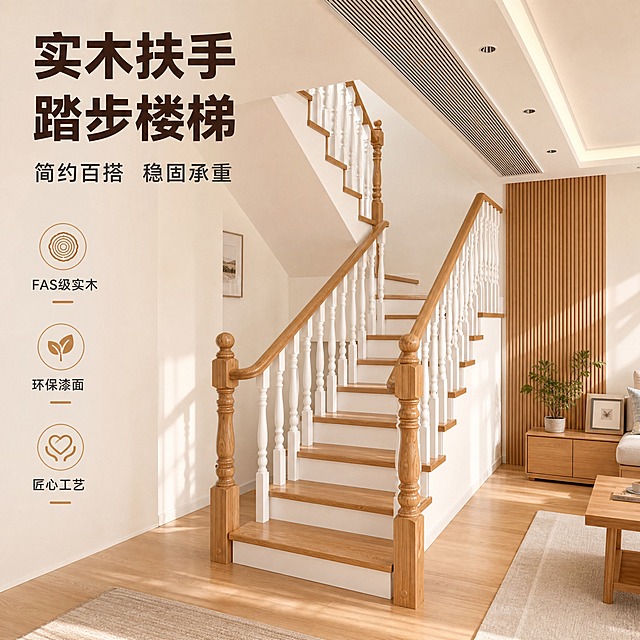 [主图-1] 实木扶手踏步楼梯 空间场景与氛围展示
[统一基调] 现代简约家居风格 温馨暖调自然光 浅米白墙面 浅原木色地板 整体色调温暖柔和 主标题深棕色粗体无衬线字 辅助文案深灰色 强调色暖木色 字体统一为现代无衬线体
[画面] 画面中心展示完整的实木扶手踏步楼梯 楼梯为白色立柱搭配原木色扶手与踏步板 造型简约优雅 楼梯位于现代简约风格的复式客厅空间中 背景有白色吊顶 中央空调出风口 筒灯 右侧墙面为木格栅装饰 地面干净整洁 搭配简约原木色矮柜 绿植点缀 整体空间明亮通透 充满温馨居家生活感 产品占画面约65% 视角为正面平视微侧45度 完整展示楼梯整体造型与空间搭配效果
[光影质感] 午后自然光从侧面洒入 形成柔和光斑 木质扶手与踏步呈现真实木纹肌理 白色立柱光滑细腻 光影过渡自然 商业摄影级高清质感 产品与空间环境融合自然 无悬浮感
[配色] 主色调暖木色+米白色+浅灰色 背景为浅米白墙面与原木色地面 文字深棕色与深灰色 整体温暖和谐
[文字版式] 画面左上角主标题"实木扶手踏步楼梯" 下方副标题"简约百搭 稳固承重" 左下角排列3个亮点图标加文字 分别为"FAS级实木""环保漆面""匠心工艺" 文字左对齐 不遮挡楼梯主体
[输出要求] 1:1正方形比例 2048*2048像素 文字清晰可读 产品完整不切割 画面高清无模糊 无水印无平台Logo 禁止变形错字杂乱