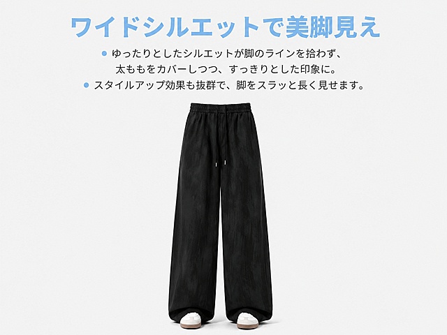 [第4屏] 本屏为亚马逊A+移动端详情页版型卖点屏，展示阔腿版型显瘦效果，本屏使用【图2】黑色款裤子作为主体。功能定义：ワイドシルエットで美脚見せ，说明版型优势。
[氛围/风格] 简约商业风，低饱和浅灰背景，真实清晰产品质感。
[元素布局] 画面下半部分展示黑色裤子完整正面版型，占比约70%，上半部分为标题和卖点描述区。保留裤子廓形、黑色纹理和腰部设计与输入图一致。标题在顶部居中，分两小点说明版型优势。
[光影质感] 正面均匀柔光，裤子垂坠感清晰，轮廓线条干净利落，光影自然。
[配色色系] 全局底色 #f5f5f5，主色黑色裤子，深灰文字，浅蓝强调主标题，配色简洁。
[视角构图] 上下分层构图，上文案下产品，阅读从上到下，动线清晰，主体突出。
[文字版式] 主标题：「ワイドシルエットで美脚見え」，卖点分两行：「ゆったりとしたシルエットが脚のラインを拾わず、太ももをカバーしつつ、すっきりとした印象に。」「スタイルアップ効果も抜群で、脚をスラッと長く見せます。」全部日语文案，排版居中清晰。
[比例分辨率] 亚马逊高级A+移动端4:3横版比例，宽度1200像素，高度900像素，4K分辨率，文字清晰可辨，高清画质。
[负向提示词] 产品变形，颜色偏差，缺件错件，文字错乱，文字过小，水印，背景杂乱，结构错误，产品模糊，中文字符。