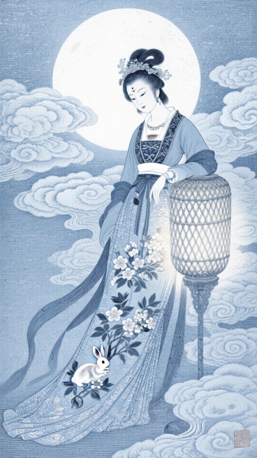 嫦娥身着苏绣工艺的锦缎长裙，裙上绣有月兔与桂花图案，丝线光泽细腻，她倚靠在一个竹编发光月球灯上，周围漂浮着蜡染纹理的云朵，整体色调为静谧的蓝白色，柔和的光线，唯美典雅。苏绣衣裙 竹编月球 蜡染云朵 柔预览效果