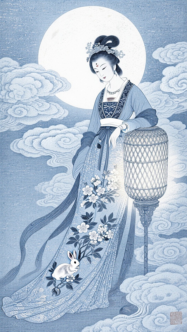 嫦娥身着苏绣工艺的锦缎长裙，裙上绣有月兔与桂花图案，丝线光泽细腻，她倚靠在一个竹编发光月球灯上，周围漂浮着蜡染纹理的云朵，整体色调为静谧的蓝白色，柔和的光线，唯美典雅。苏绣衣裙 竹编月球 蜡染云朵 柔和光效。