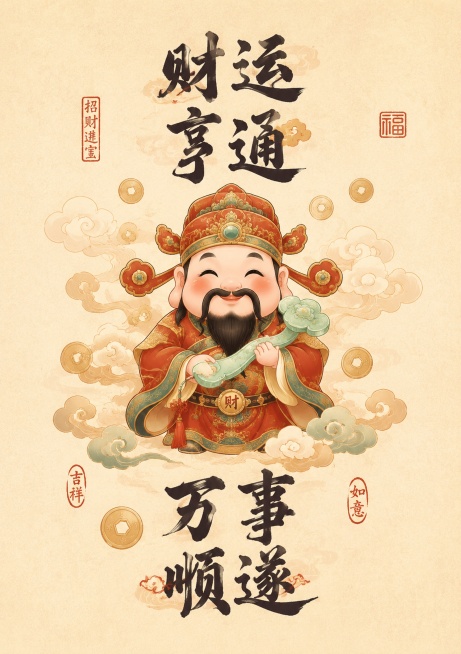 国潮温润纯平面装饰画，浅米宣纸质感底色，画面中间是手持玉如意的Q版和善财神爷，周围环绕柔缓祥云与铜钱，氛围柔和雅致不浮夸，上下排布手写毛笔书法大字「财运亨通」「万事顺遂」，侧边配红色篆刻印章，兼顾财运预览效果