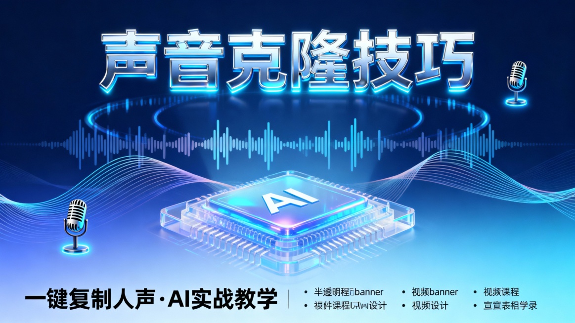 帮我生成一个banner，banner的主题是 声音克隆技巧；主要应用在视频课程的封面预览效果