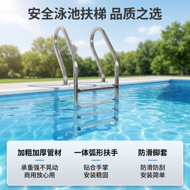 [主图 5] 泳池不锈钢扶梯-核心卖点总结图。
[氛围风格] 干净明亮户外实拍，文案清晰突出；
[画质] 商业摄影质感、光线柔和通透、产品清晰真实、画面干净高级。
[元素] 完整扶梯产品放置在户外泳池预览效果