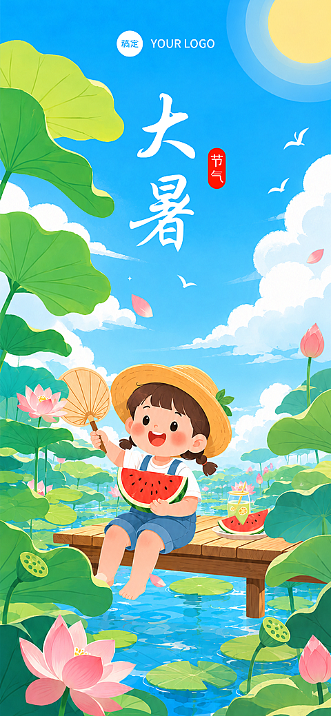 大暑节气清新手绘风手机全屏海报