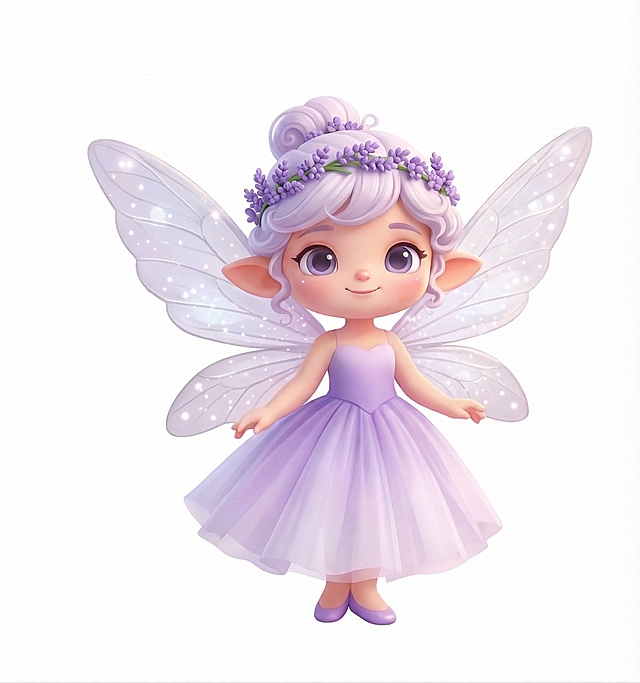3D卡通Q版公主小精灵，白色背景，有着浅紫色的盘发，头发上点缀着紫色的薰衣草小花环，长着尖耳朵，大大的紫色眼睛，面带软萌的微笑，背后有透明的闪着细碎光点的昆虫翅膀，穿着淡紫色的渐变纱裙，脚上是小巧的紫色鞋子，整体风格和参考图一致，可爱治愈，立体圆润