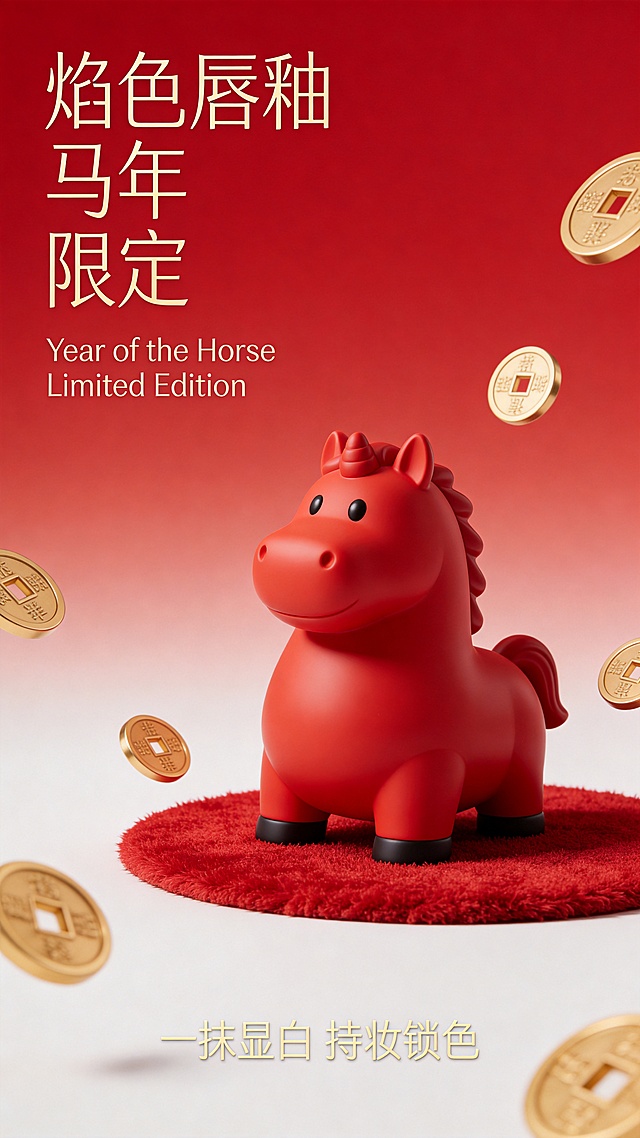 商业摄影，极简主义电商海报。画面中心是参考图靠在磨砂卡通胖胖可爱的红色小马雕塑上。背景是红色渐变，下方为红色绒面地毯，周围漂浮着金色的铜钱硬币。左边大号优雅金色纤细字体"焰色唇釉  马年  限定"，现代无衬线黑体，字体有起伏的节奏；下方搭配小号优雅衬线体"Year of the Horse Limited Edition"。底部居中有一行优雅小字：“一抹显白 持妆锁色”。整体排版呈现杂志风格，留白透气，文字颜色为淡金色，层级分明，具有高级平面设计感。高质量，柔和的演播室灯光，3D渲染，细腻的材质，节日氛围。
