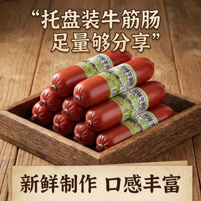 我的产品是牛筋肠，帮我做10张主图产品堆积起来突出产品多预览效果
