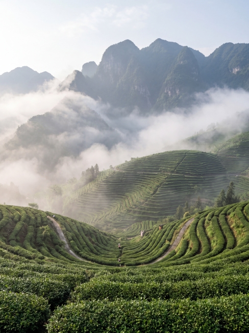 商业风光摄影，遵义连片生态茶园景观，连绵高山阶梯茶园，山间云雾缭绕，高海拔茶区，绿意盎然，柔和自然光，干净通透低饱和色调，不厚重滤镜，实景感，4K写实，严格锁定宽高比为 3:4预览效果