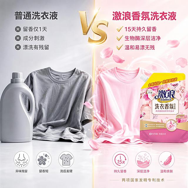 [主图-3] 香氛洗衣液对比图 普通洗衣液vs香氛洗衣液
[氛围风格] 对比展示风 清晰直观 粉色系商业摄影
[画质] 商业摄影质感 光线均匀 对比鲜明 画面干净 超高清
[元素] 画面左右分屏对比 左侧为普通洗衣液效果 一件灰色普通衣物 旁边是普通洗衣液瓶 简化的灰色瓶子 无品牌 衣物暗淡无光 旁边有"异味残留""留香短"的叉号标识。右侧为激浪洗衣香氛洗衣液效果 同款式衣物但色彩鲜亮 旁边是激浪洗衣香氛袋装产品 产品外观与输入产品图绝对一致 杜绝变形和色差 衣物周围有粉色花瓣和香气光晕 旁边有"持久留香""深层洁净"的对勾标识。中间有一条金色竖线分隔 顶部有VS字样。背景左侧为冷灰色 右侧为暖粉色 形成色彩对比。底部是白色台面 两侧各有对应的洗涤效果示意小图标。画面满屏无边框。
[光影] 顶部均匀柔光 左右两侧分别打光 左侧偏冷调 右侧偏暖调 形成对比氛围 产品和衣物细节清晰 整体光影干净明亮
[配色] 左侧冷灰 白色 右侧暖粉 金色 中间金色分割线
[视角构图] 平视视角 左右对称对比构图 中间分割线明确 视觉冲击力强 景深较浅 突出两侧主体
[文字版式] 顶部中间"VS" 金色大号粗体字。左侧顶部标题"普通洗衣液" 灰色粗体 下方三个叉号项「留香仅1天」「成分刺激」「漂洗有残留」 灰色字。右侧顶部标题"激浪香氛洗衣液" 玫粉色粗体大号字 下方三个对勾项「15天持久留香」「生物酶深层洁净」「温和易漂无残」 深粉色字 对勾为金色。底部右侧小字"两项国家发明专利技术" 金色细体。文字全部放在负空间 不遮挡产品
[输出要求] 1:1比例 文字清晰锐利可辨 超高清商业摄影质感
[负向提示词] 变形 文字错乱 产品模糊 背景杂乱 水印 电商平台Logo
