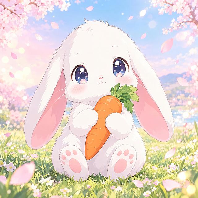 日系动漫风格插画，一只可爱的白色长耳兔，毛茸茸的柔软毛发，圆润的大眼睛带高光，粉色耳内，小巧鼻子，坐姿抱着胡萝卜，画面居中正面视角，赛璐璐上色，干净利落的线稿，柔和明快的配色，背景是淡粉与天蓝渐变的春日草地，飘落樱花花瓣与柔和光斑，暖调柔和光线，整体清新治愈，高质量动画赛璐璐质感，正方形构图，画面中不出现任何文字