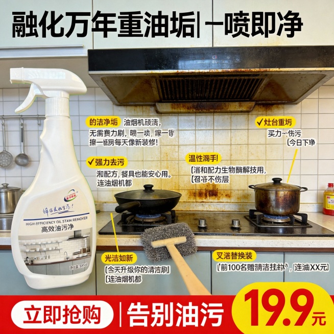 生成300张分别是100张抖音风格100张淘宝风格,100张拼多多风格不同场景的油污净电商主图，价格“19.9元”，比例1:1，文案内容:“融化”万年重油垢！无需费力刷，眼见为实的溶解力, 喷一喷，擦预览效果