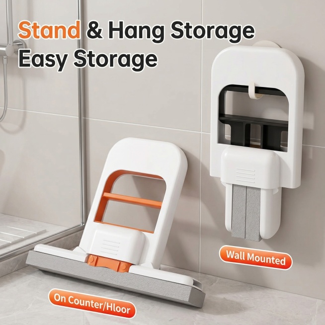 第一张产品收纳展示图，保持折叠迷你海绵拖把主体不变，替换为简洁明亮的美区家居卫生间场景，所有文字替换为英文“Stand & Hang Storage Easy Storage”，统一字体风格，2K分辨预览效果