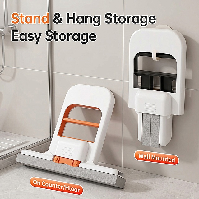 第一张产品收纳展示图，保持折叠迷你海绵拖把主体不变，替换为简洁明亮的美区家居卫生间场景，所有文字替换为英文“Stand & Hang Storage Easy Storage”，统一字体风格，2K分辨率，突出产品主体与质感，适合Shein商城售卖，画面无中文