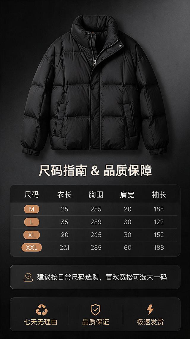 [商品] 使用【图1】黑色立领短款面包羽绒服；商品处理：保留立领、按扣门襟、拉链、插袋、松紧袖口、方格绗缝结构和纯黑色面料；自然去除衣身杂乱褶皱与压痕，理顺垂坠，增强面料纹理、缝线、拉链和五金质感，提升蓬松饱满度，不改变版型和结构。
[画面] 目标：尺码信息与品牌保障页。构图：上方产品正面小图占30%居中展示，下方为尺码表格+选购建议+售后保障三栏信息。背景为深灰色哑光质感，信息区用浅色卡片承载，层次分明。阅读动线：从上至下清晰易读。
[视觉] 套系策略：风格=高级都市商务商业摄影；标题字=现代无衬线粗体；正文字=简洁无衬线体；主色=炭黑深灰；背景延展=基于炭黑做深浅渐变、同色层级和细腻哑光质感；强调色=暖橙色，仅用于小面积图标、引线和标签；标题色=米白色；正文色=浅灰色；组件=细线引线、圆角深色信息卡；光影=顶部柔光均匀打亮。
[文字] 顶部主标题"尺码指南 & 品质保障"。中间尺码表含M/L/XL/XXL四档，列出衣长、胸围、肩宽、袖长字段（数值用约数表示）。下方选购建议"建议按日常尺码选购，喜欢宽松可选大一码"。底部售后保障三图标：七天无理由 | 品质保证 | 极速发货。所有文字横排，字号清晰手机端可读。
[规格] 图片比例9:16竖版，分辨率2K，避免变形、错字、文字过小、颜色改变、版型失真、白底孤立、极限词。