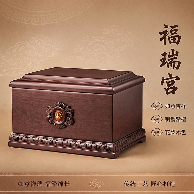 电商主图，简约素面如意福字款实木骨灰盒首图。将原右侧竖排大字"如意宫"替换为"福瑞宫"三个深棕色书法大字，与产品正面福字雕花和如意纹饰主题相关，更贴切产品样式。保留产品主体外观、材质、颜色、福字雕花与回纹底座细节与原图完全一致，杜绝变形和色差。画面背景为浅棕褐色渐变，有祥云与回纹暗纹装饰，营造素雅庄重氛围。右侧竖排深棕色书法大字"福瑞宫"，笔锋浑厚有力。大字下方竖排三个祥云形深棕色图标及文字标签，从上到下分别为祥云图标配"如意吉祥"、祥云图标配"刺猬紫檀"、祥云图标配"花梨木色"。产品主体居中偏左展示，呈45度斜侧角，正面福字雕花与回纹底座细节清晰可见，放置在浅棕色台面上。底部通栏浅棕色信息条，左侧深棕色字"如意祥瑞 福泽绵长"，中间祥云纹饰，右侧深棕色字"传统工艺 匠心打造"，两端有装饰线。商品主体占画面约65%，完整不裁切。商业摄影质感，光线柔和通透，木纹质感清晰，画面干净高级。1:1正方形比例，文字清晰可辨，超高清。负向提示：变形，文字错乱，产品模糊，背景杂乱，水印，电商平台Logo。