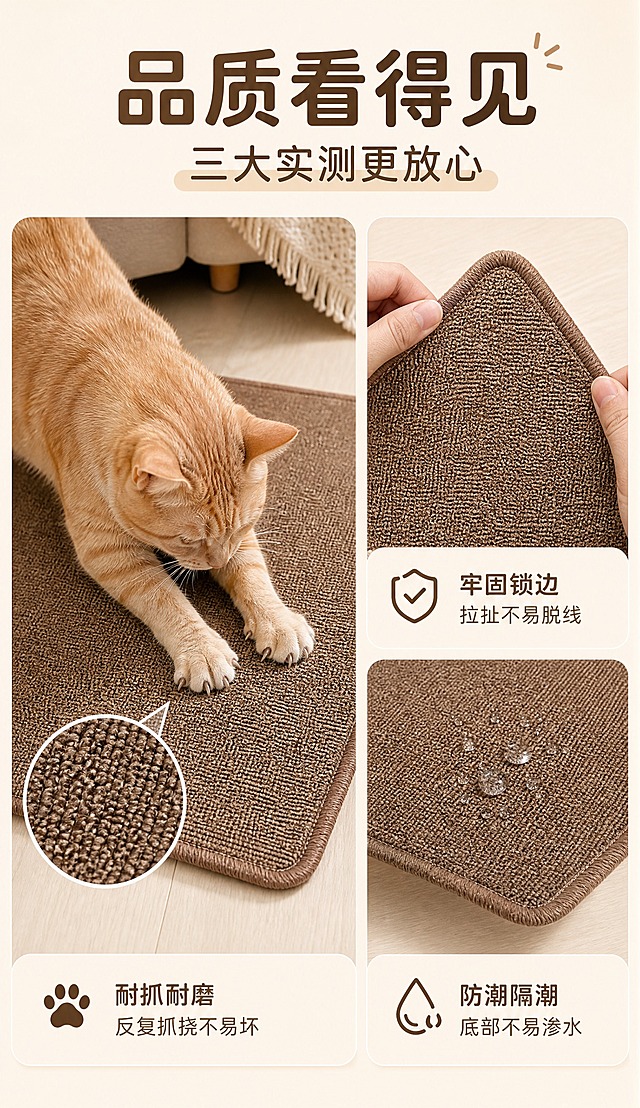 [商品] 使用【图1】深咖棕色仿剑麻猫抓垫；保留矩形形态、同色系锁边包边、仿剑麻粗糙纹理、咖色颜色与材质；测试场景中展示真实使用痕迹，不改变版型结构与颜色，咖色色差≤5%。
[画面] 信任背书图 目标通过测试实拍降低用户顾虑。左右分栏布局 左侧大测试图 右侧两个小测试图。左侧大图 耐抓测试 一只橘猫正用力抓挠垫子表面 爪子清晰可见 垫子表面完好无损 旁边有放大镜效果圈出抓挠后依然完好的纹理。右上小图 锁边拉力测试 两只手轻轻拉扯垫子边角 锁边依然牢固。右下小图 防水测试 几滴水洒在垫子表面形成水珠 底部依然干燥。
[视觉] 套系策略：风格=暖调奶油家居风 高清实拍质感；标题字=圆润亲和无衬线粗体；正文字=简洁无衬线体；主色=奶油米白；背景延展=基于奶油米白做深浅层级 同色渐变与细腻质感；强调色=深咖棕 仅用于小面积图标引线标签；标题色=深咖啡色；正文色=中暖棕；组件=圆角浅底信息卡 细线引线 圆形放大镜效果；光影=明亮均匀柔光 测试效果清晰可见。
[文字] 页面顶部大标题"品质看得见" 副标题"三大实测更放心"。左侧大图下方文字"耐抓耐磨 反复抓挠不易坏"。右上小图下方文字"牢固锁边 拉扯不易脱线"。右下小图下方文字"防潮隔潮 底部不易渗水"。文字简洁有力。
[规格] 宽750px 竖版 高度约1300px 4K高清 避免变形错字 文字过小 冷蓝背景 产品色差 悬浮感 水印平台Logo。