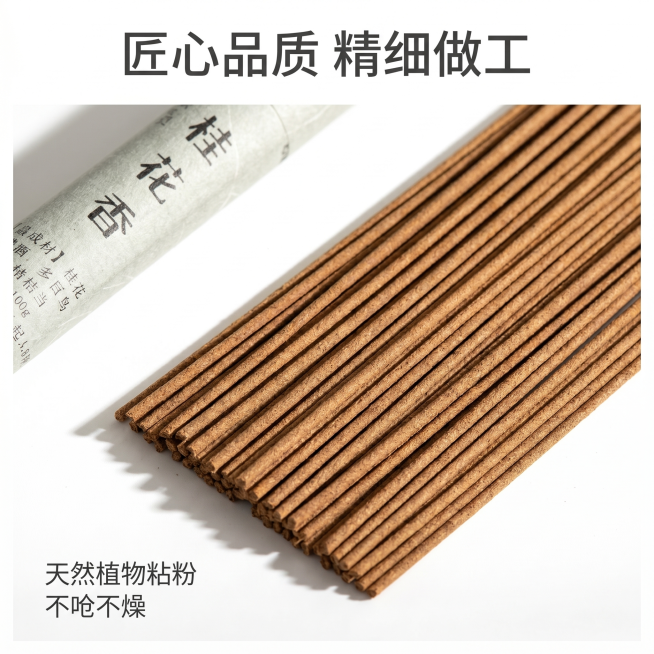 [主图-3] 细节品质展示图，放大呈现桂花香线香材质细节。
[氛围风格] 写实质感，精致细腻
[画质] 商业摄影质感、光线柔和通透、产品清晰真实、画面干净高级
[元素] 微距特写展示线香材质纹理，整支预览效果