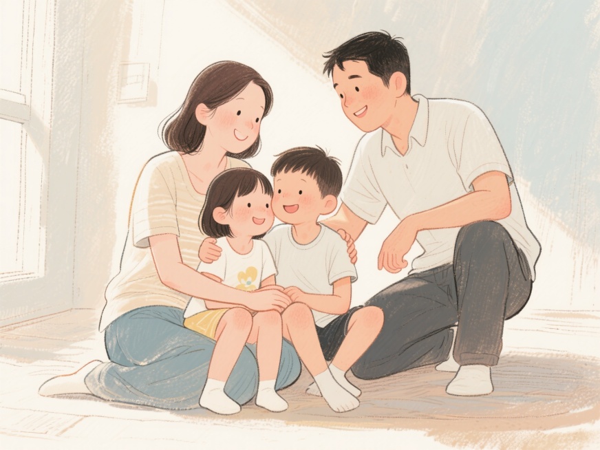一家四口温馨场景，爸爸、妈妈、哥哥、妹妹，哥哥搂着妹妹坐着，妈妈斜坐在两个孩子后面，爸爸半蹲在妈妈旁边，画风清淡素雅，手绘风格，柔和的色彩，温暖的光线，幸福的氛围，细腻的笔触，简洁的背景，充满爱意的互预览效果