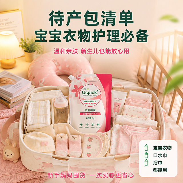 [主图-35] 母婴待产包场景图，新生儿待产必备柔顺护理好物。
[氛围风格] 温馨孕产风，粉色柔和，待产准备，宝妈向抖音风格。
[画质] 商业摄影质感，柔和暖光，母婴用品精致，超高清。
[元素] 产品袋放置在待产包收纳箱中，占画面约30%，保持产品外观与输入图完全一致。待产包里还有婴儿连体衣、小袜子、小帽子、口水巾、奶瓶、尿不湿、婴儿润肤霜等新生儿用品，都整齐摆放。背景是温馨的卧室一角，有孕妇枕、育儿书籍、婴儿床一角、绿植。整体温馨柔和，传递待产准备、新生儿衣物护理的安心感。
[光影] 暖黄色台灯+柔和自然光，色调温暖柔和，母婴用品质感清晰，产品表面有柔和高光，整体光影温馨治愈，孕产氛围浓厚。
[配色] 主色奶白+浅粉（孕产温馨氛围）；辅色木色（家具）、绿色（植物）；强调色樱花粉（产品）、深绿色（文字）。色板与首图一致，整体偏柔和孕产调性。
[视角构图] 45度俯视角度，待产包在画面中央，产品在包内居中，周围母婴用品环绕，前中后景层次丰富，景深中等，背景自然虚化，温馨感强。
[文字版式] 顶部大标题："待产包清单 宝宝衣物护理必备"，深绿色大号粗体，居中。标题下方小字："温和亲肤 新生儿也能放心用"，粉色中号字。右下角圆角白色信息卡："宝宝衣物  口水巾  浴巾  都能用"，三行深绿色小字，每行配小奶瓶图标。底部小字："新手妈妈囤货 一次买够更省心"，玫红色。文字全部在负空间，不遮挡产品主体。
[输出要求] 1:1比例，文字清晰锐利，超高清商业摄影质感。
[负向提示词] 变形，文字错乱，产品图模糊，背景杂乱，水印，电商平台Logo，多余的手，畸形手，人物面部扭曲。