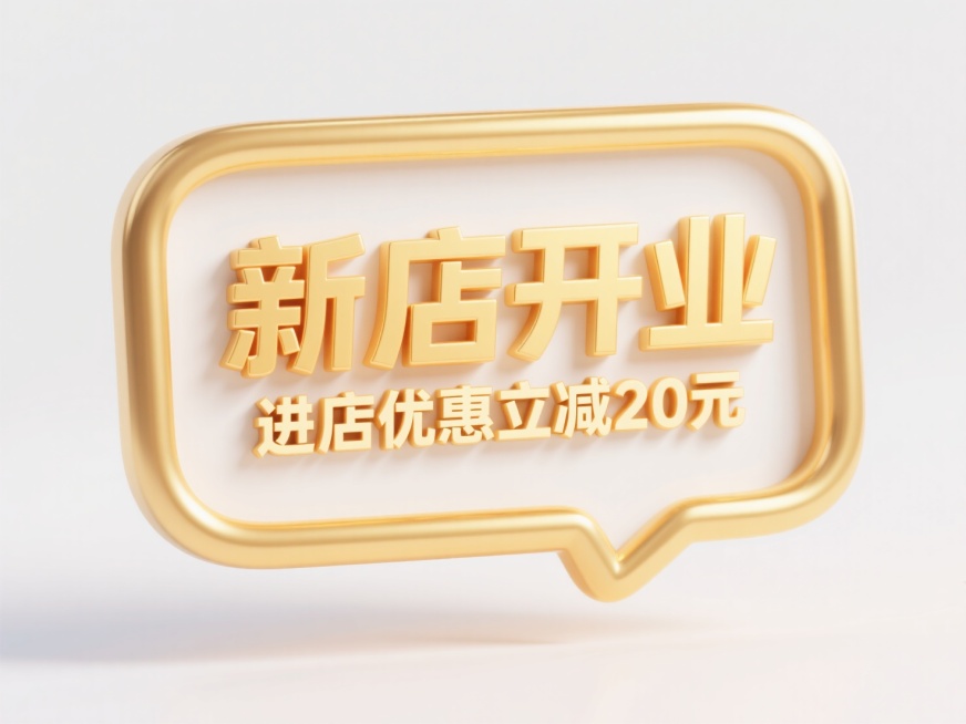 一个立体悬浮对话框，金色边框，中间主标题”新店开业"，副标题“进店优惠立减20元”，文字凹陷处透出呼吸光效。背景白色，画面活泼有促销氛围预览效果